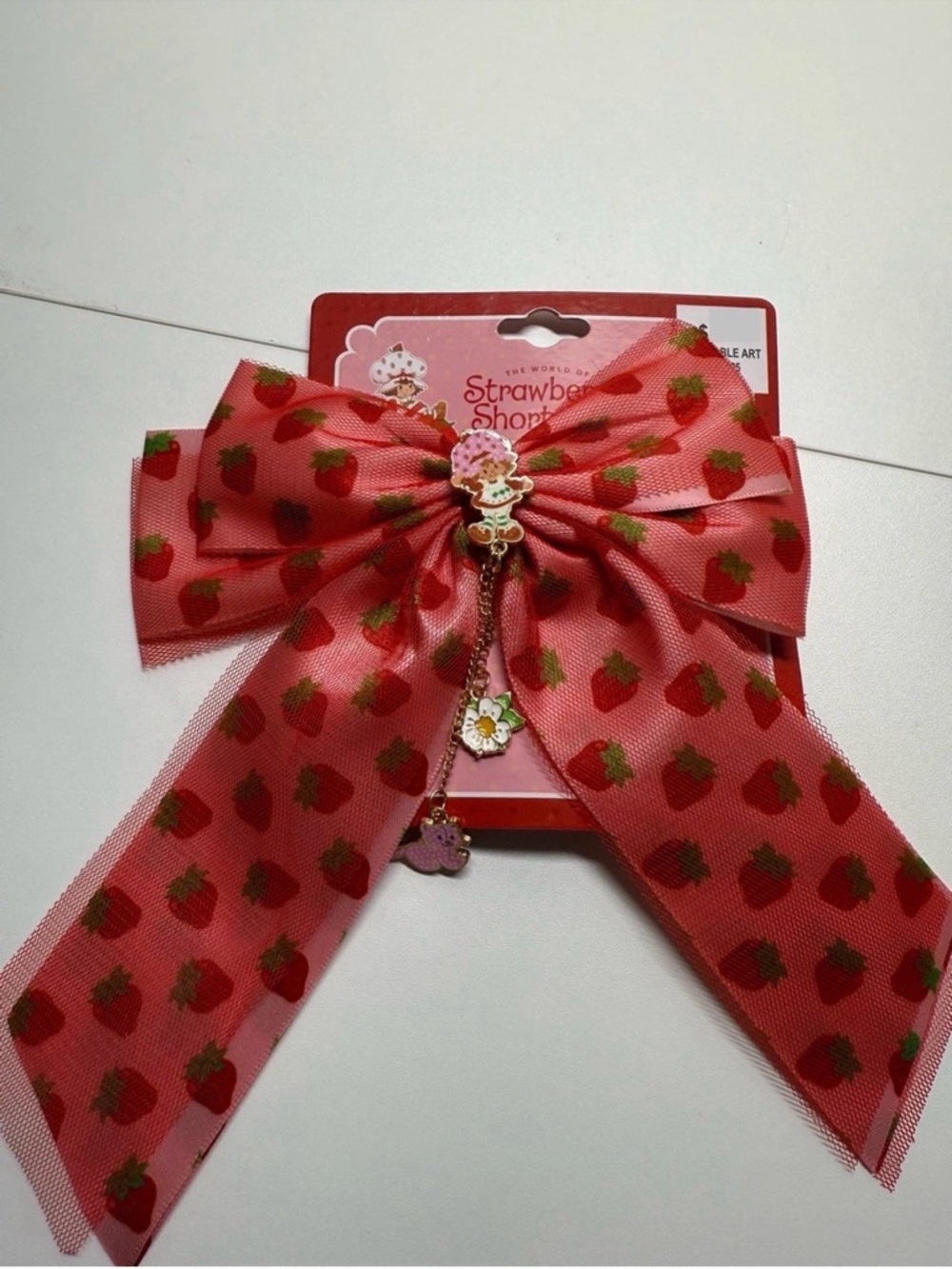 Strawberry Shortcake Clip In Bow With Flower And Custard Charms Red Pink Lace